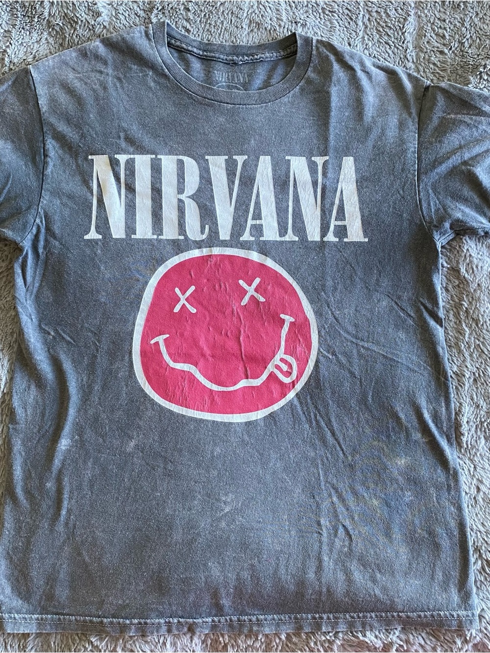 NIRVANA 93 Tour Short Sleeve Gray Tee with Pink Smiley Logo